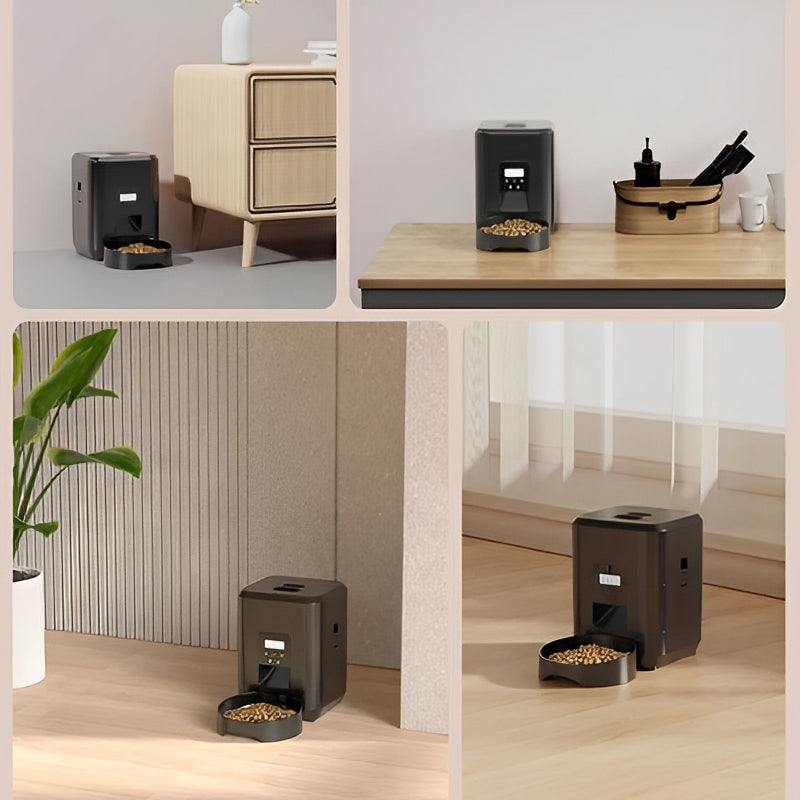 Collage of a pet food dispenser in various settings including a kitchen and living room.